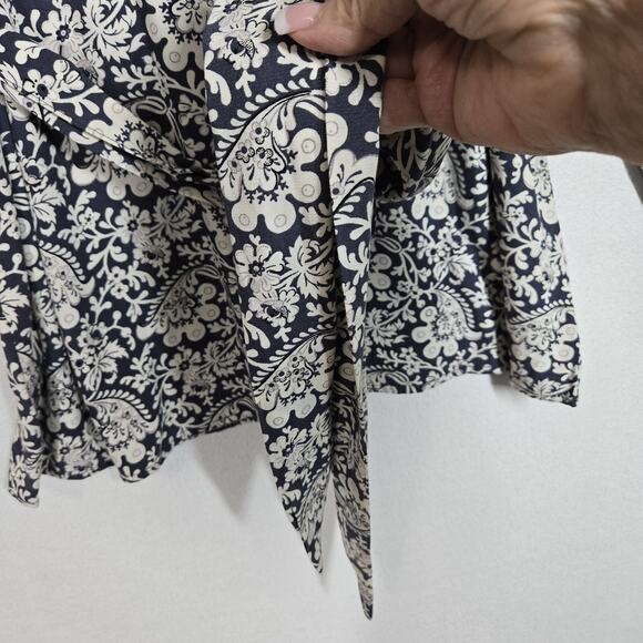 Loft Belted Top Sz S Blue White Floral Print Back Keyhole Long Sleeve Button - Picture 4 of 13